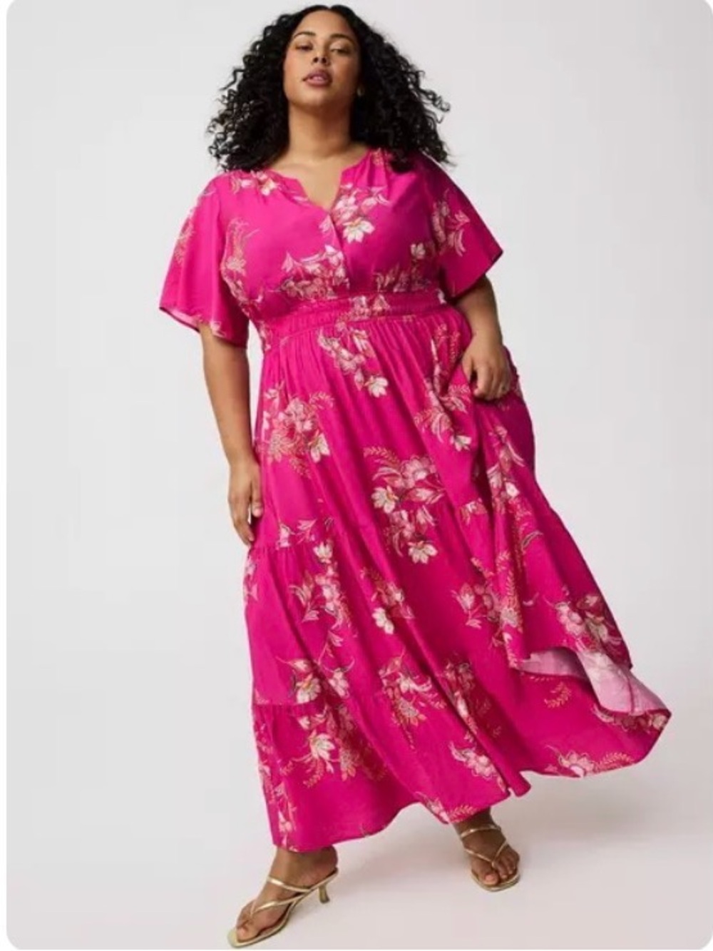 NWOT Torrid Hot Pink Floral Y-Neck Tiered Maxi Dress - Picture 4 of 6